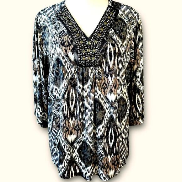DressBarn Vintage 3/4 Sleeves Beaded V Neck Jersey Top Blouse Size 22/24 Ikat - Picture 1 of 13